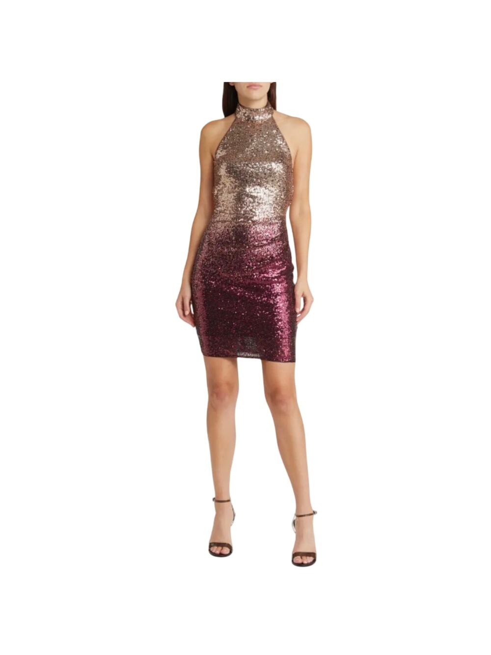 Badgley Mischka Pink and Gold Cocktail Dress Sequin Backless Mini Sheath Size 2